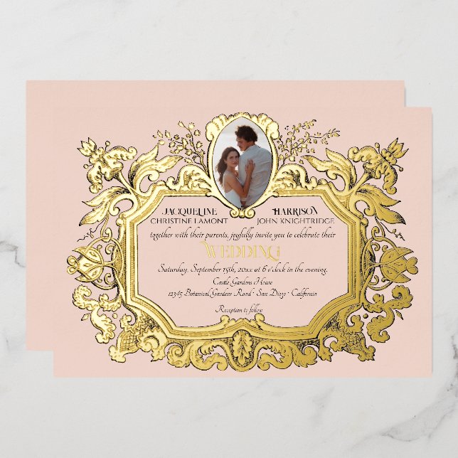 Invitation En Aluminium Art Nouveau Rococo Élégant Photo Mariage rose (Recto/Verso)