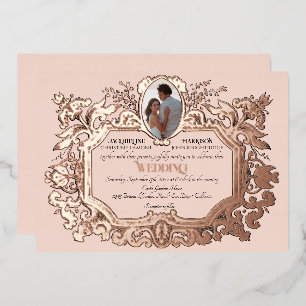 Invitation En Aluminium Art Nouveau Rococo Élégant Rose Photo Mariage Or