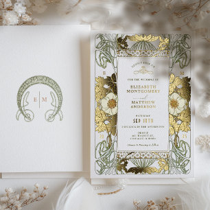 Invitation En Aluminium Art Nouveau vert et or mariage Mucha