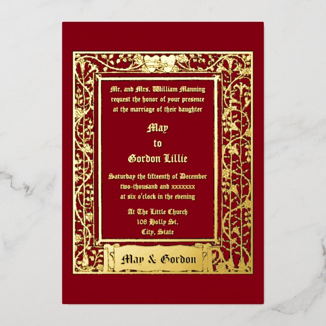 Invitation En Aluminium Art Nouveau Vin Floral Frontière & Coeurs Mariage (Recto)