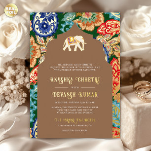 Invitation En Aluminium Art populaire indien Eléphant Mariage Beige Or