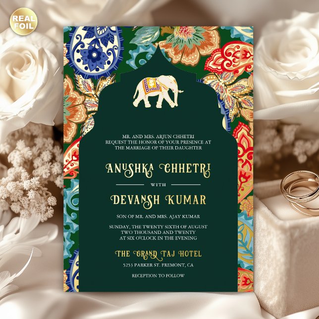Invitation En Aluminium Art populaire indien Elephant Mariage Emerald Gold (Créateur téléchargé)