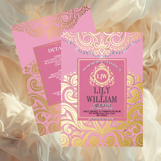 Invitation En Aluminium Artdeco rose Elégant Diamond Monogramme Mariage Or