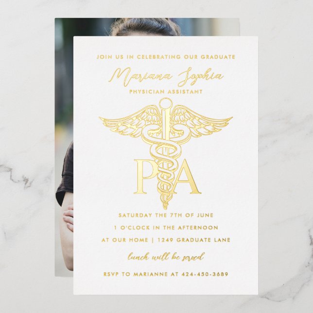 Invitation En Aluminium Assistant de médecin Caducée Graduation Or (Recto/Verso)