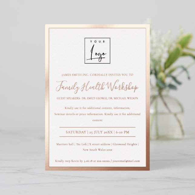 Invitation En Aluminium Atelier Glam Rose Gold Foil Votre Logo Événement d (Debout devant)