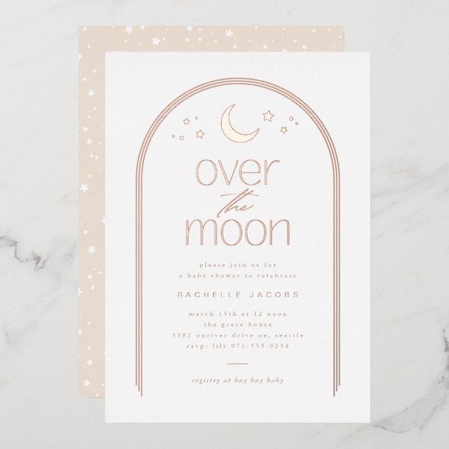 Invitation En Aluminium Au-dessus de la lune Baby shower neutre  Rose or (Recto/Verso)