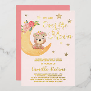 Invitation En Aluminium Au-dessus de la lune Ours Blush Baby shower fille