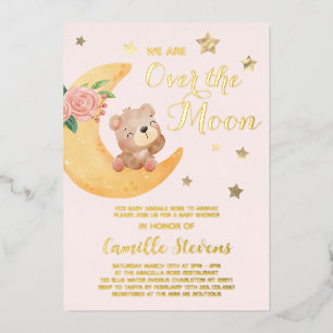 Invitation En Aluminium Au-dessus de la lune Ours Blush Baby shower fille