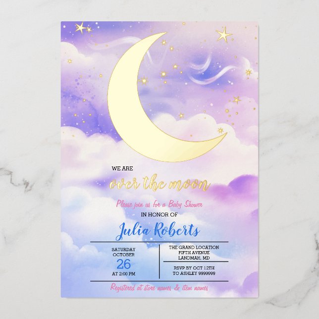 Invitation En Aluminium Au-Dessus Du Baby shower Lune (Recto)