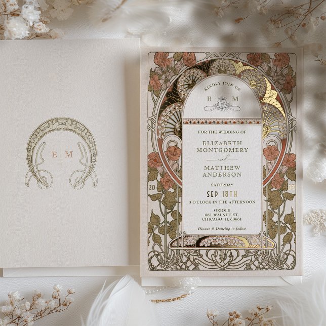 Invitation En Aluminium Automne Burange Orange Gold Mariage Art Nouveau Mu (Créateur téléchargé)