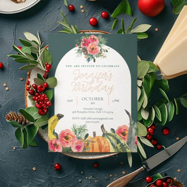 Invitation En Aluminium Automne Citrouille rose Floral or fête d'anniversa (Créateur téléchargé)