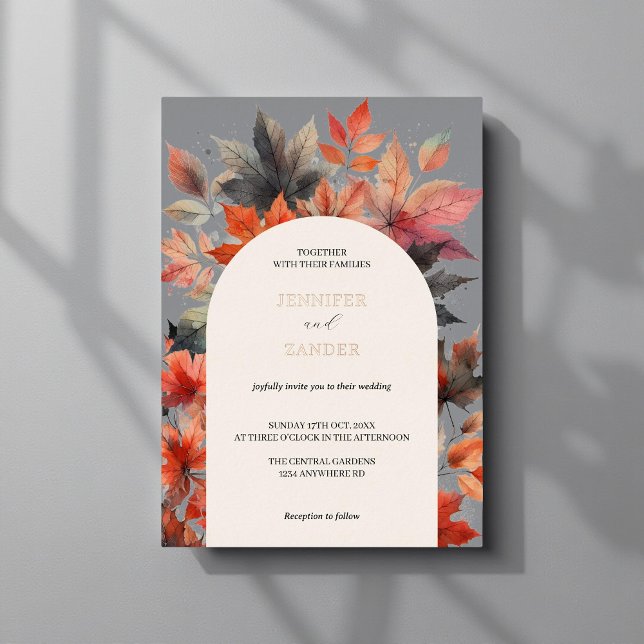 Invitation En Aluminium Automne Feuille d'érable gris Mariage Elégante aqu (Créateur téléchargé)