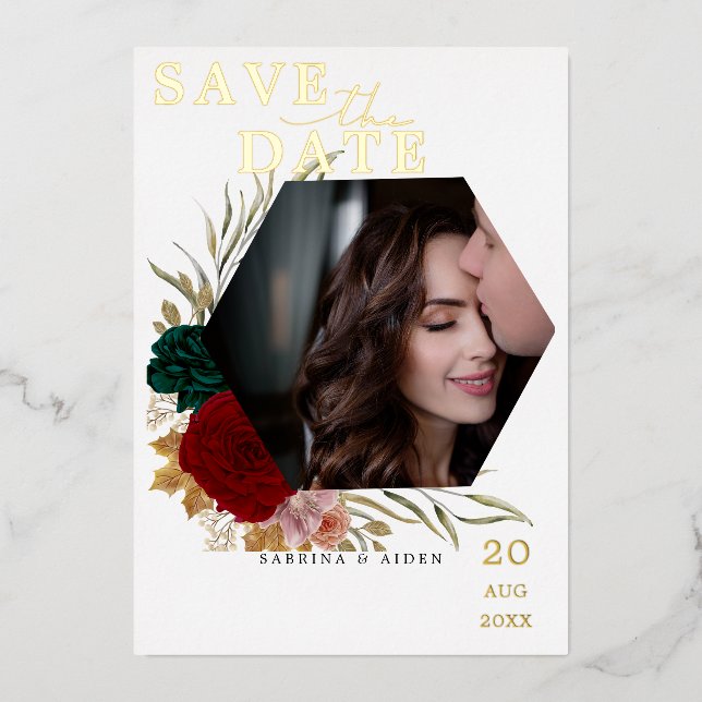 Invitation En Aluminium Autumanal Bourgogne émeraude photo florale (Recto)