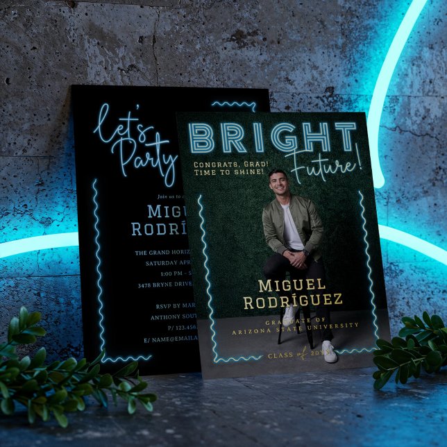 Invitation En Aluminium Avenir Radieux Bleu Néon Photo de Remise de Diplôm (Bright Future Blue Neon Grad Photo Graduation Foil Invitation)