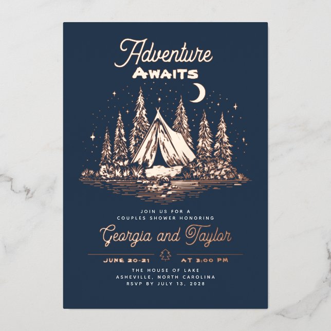 Invitation En Aluminium Aventure attend couples douche (Recto)