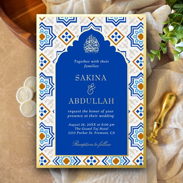 Invitation En Aluminium Azure Blue Persian Mosaic Mariage musulman Or (Créateur téléchargé)