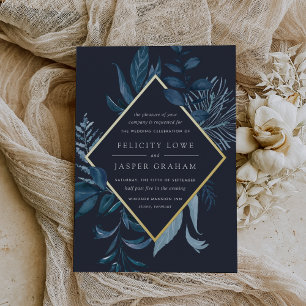 Invitation En Aluminium Azure Hiver   Feuillage aquarelle bleue pour maria