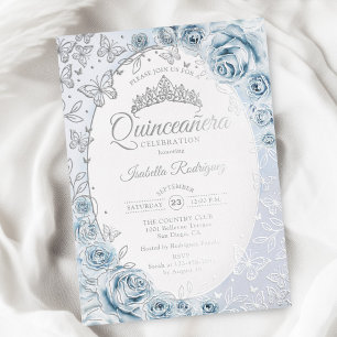 Invitation En Aluminium Baby Blue Fleurs Argentées Quinceanera