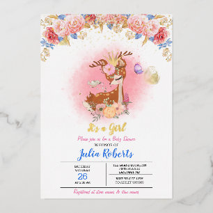 Invitation En Aluminium Baby Deer rose Floral Woodland Baby shower fille
