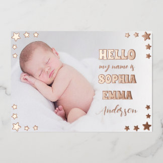 Invitation En Aluminium Baby Girl Photo Birth Announcement: Script & Stars