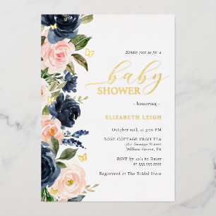 Invitation En Aluminium Baby shower à papillon floral Blush Navy