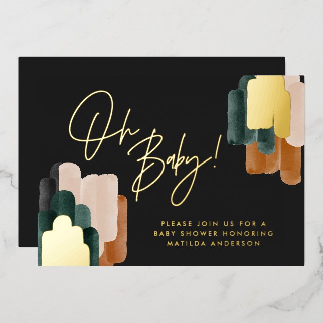 Invitation En Aluminium Baby shower abstrait en terre cuite verte (Recto/Verso)