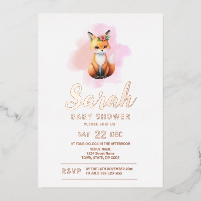 Invitation En Aluminium Baby shower animal de la forêt de renard (Recto)