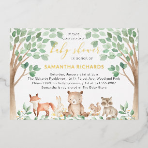 Invitation En Aluminium Baby Shower Animaux de la Forêt Genre Neutre Or