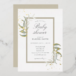Invitation En Aluminium Baby shower avec verdure et or chamois