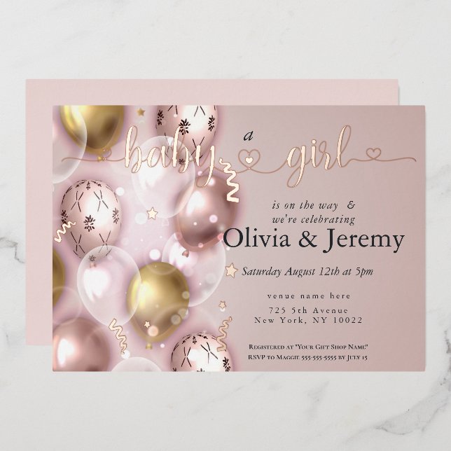 Invitation En Aluminium Baby shower Bébé Fille rose Ballons (Recto/Verso)
