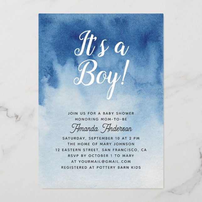 Invitation En Aluminium Baby shower bleu aquarelle. C'est un garçon en or (Recto)