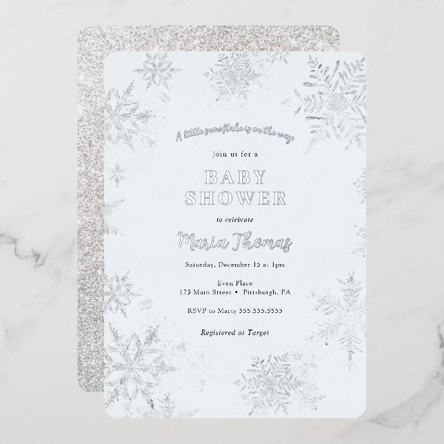 Invitation En Aluminium Baby shower bleu Little Snowflake (Recto/Verso)