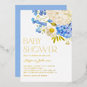 Invitation En Aluminium Baby shower Boho Blue and White Hydrangeas