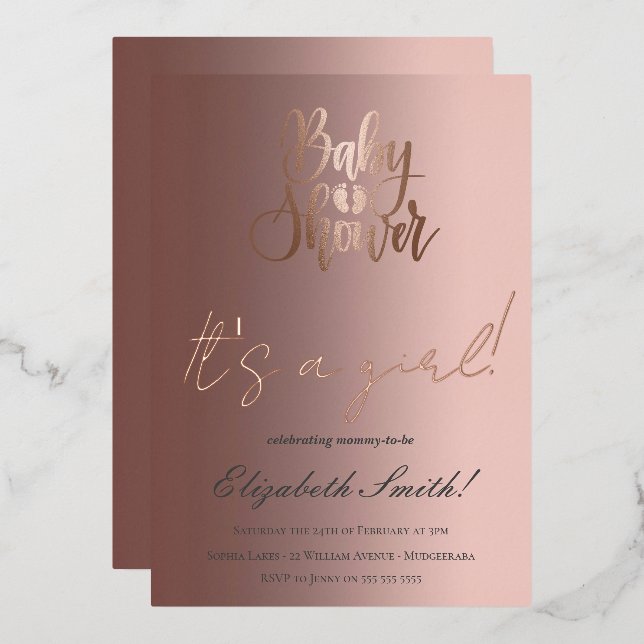 Invitation En Aluminium Baby shower - C'est une fille, Rose Gold Foil Invi (Recto/Verso)