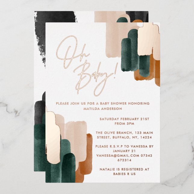 Invitation En Aluminium Baby shower d'aquarelle abstrait en terre cuite ve (Recto/Verso)