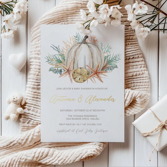 Invitation En Aluminium Baby shower d'automne côtier | Citrouille et Se aq (Créateur téléchargé)