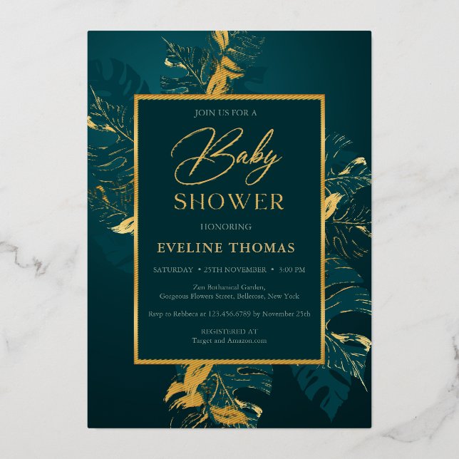 Invitation En Aluminium Baby shower de feuille d'or vert profond et réel (Recto)