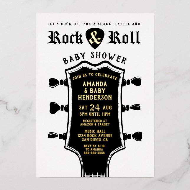 Invitation En Aluminium Baby shower de Guitare Rock et Roll (Recto)