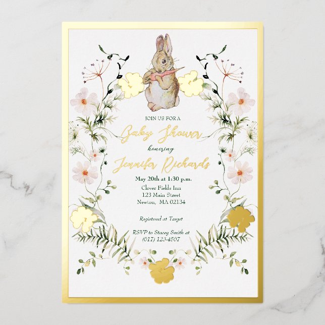 Invitation En Aluminium Baby shower de lapin doré Floral (Recto)