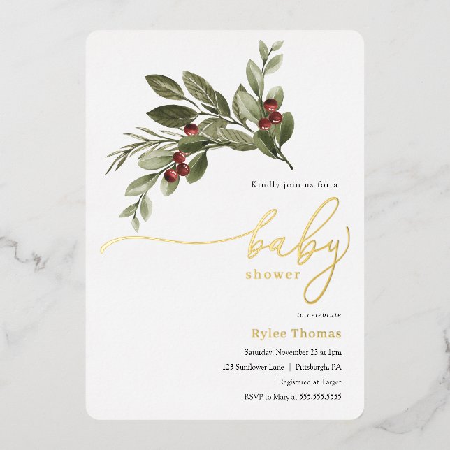 Invitation En Aluminium Baby-Shower de verdure hivernale (Recto)
