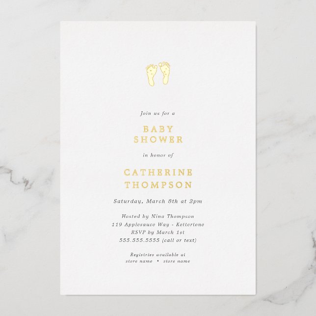 Invitation En Aluminium Baby shower d'empreintes or simples (Recto)