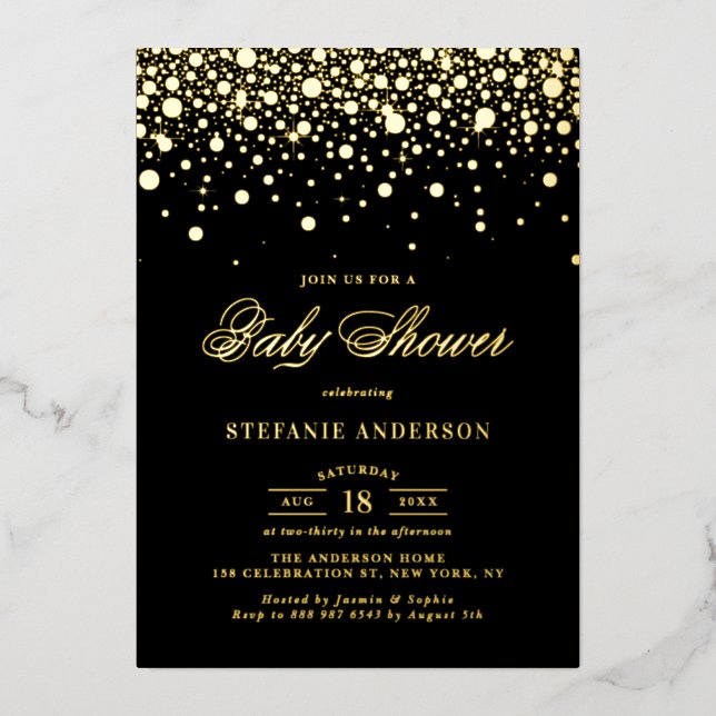 Invitation En Aluminium Baby shower des points Confetti à huile noire et o (Recto)