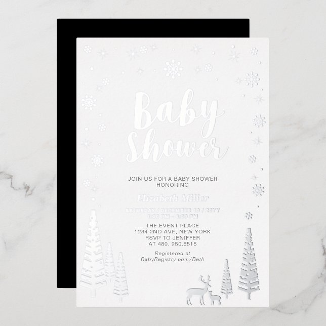 Invitation En Aluminium Baby shower d'hiver de la forêt de flocon d'argent (Recto/Verso)