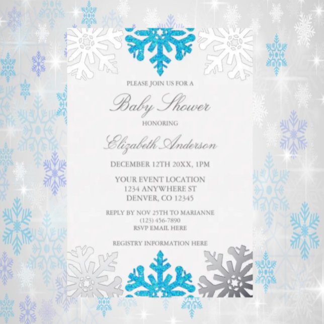 Invitation En Aluminium Baby shower d'hiver Silver Blue Snowflake (Créateur téléchargé)