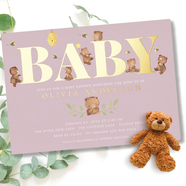 Invitation En Aluminium Baby shower d'ours au miel de lavande (Créateur téléchargé)