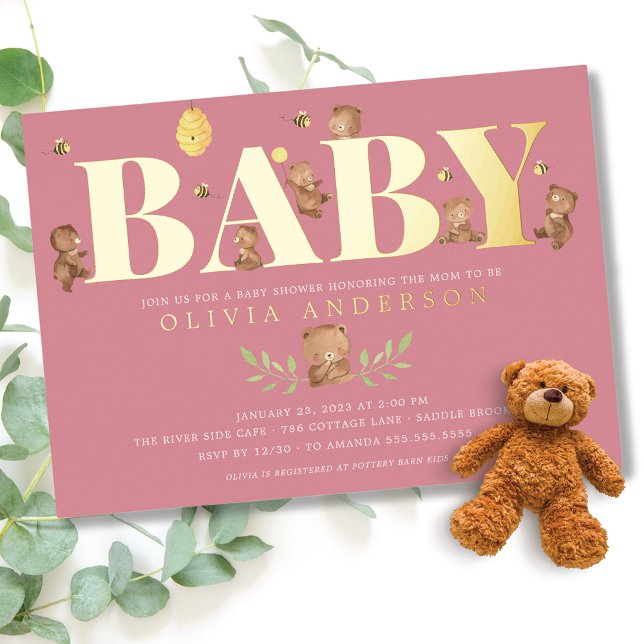 Invitation En Aluminium Baby shower d'ours au miel rose (Créateur téléchargé)