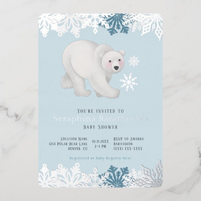 Invitation En Aluminium Baby shower d'ours polaires à flocons d'huile d'ar (Recto)