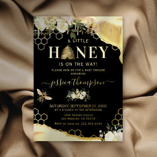 Invitation En Aluminium Baby Shower Élégant Nectar Noir et Or de l'Abeille