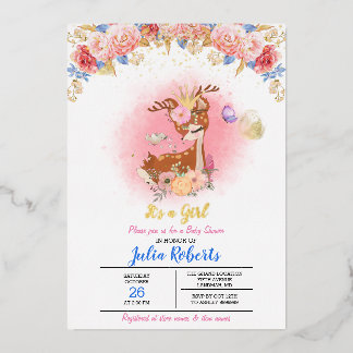 Invitation En Aluminium Baby Shower Fille Cerf Bébé Floral Bois Rose