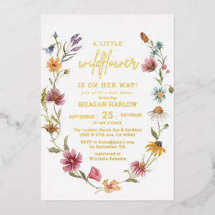 Invitation En Aluminium Baby shower fille Fleur sauvage Gold Foil